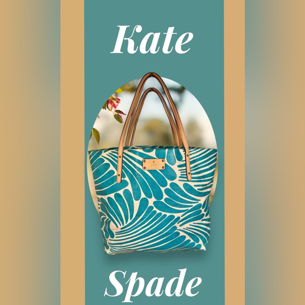 Kate Spade Turquoise & Cream Waxed Canvas Tote EUC
